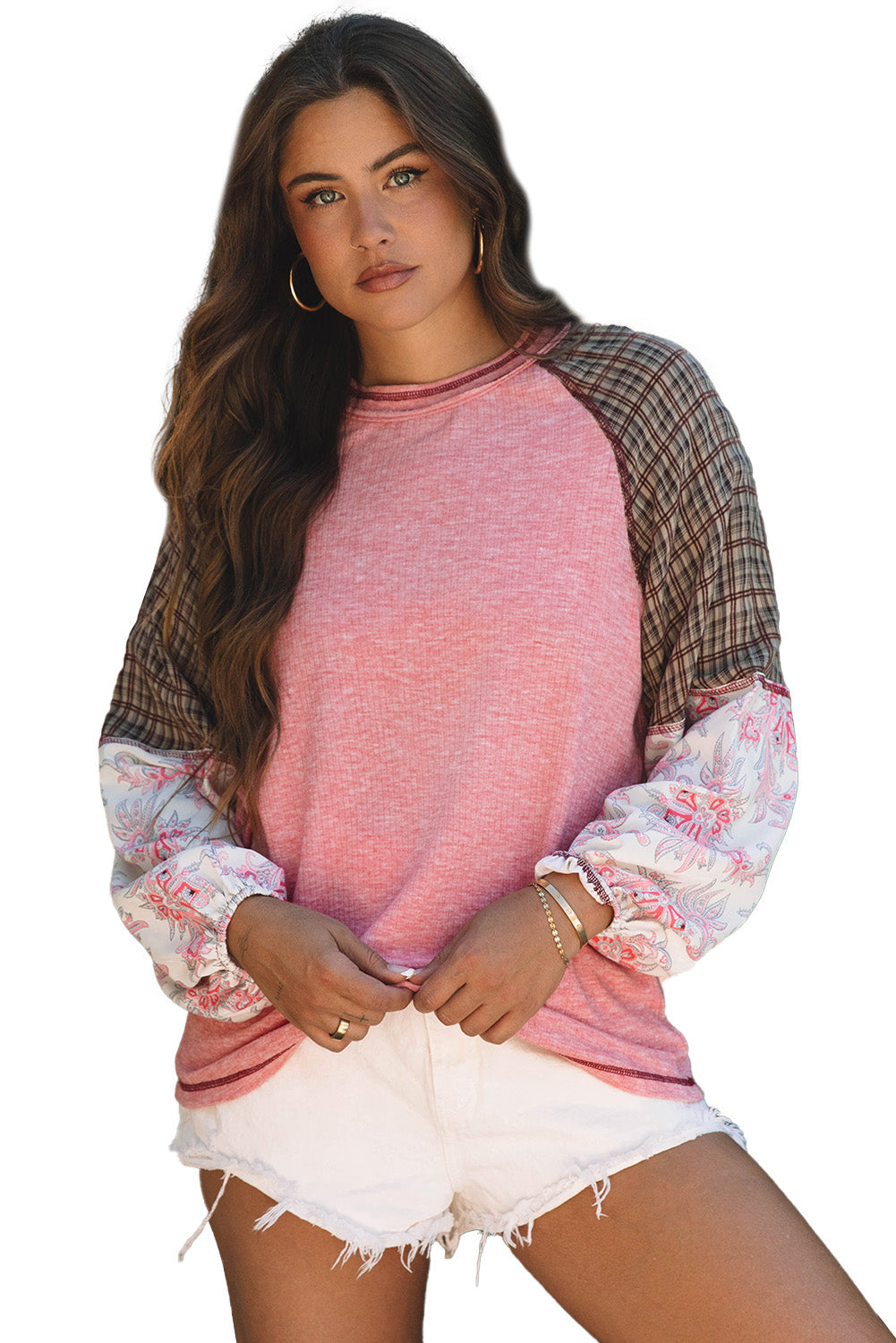 Blouse patchwork en tricot côtelé a manches raglan et imprimés variés