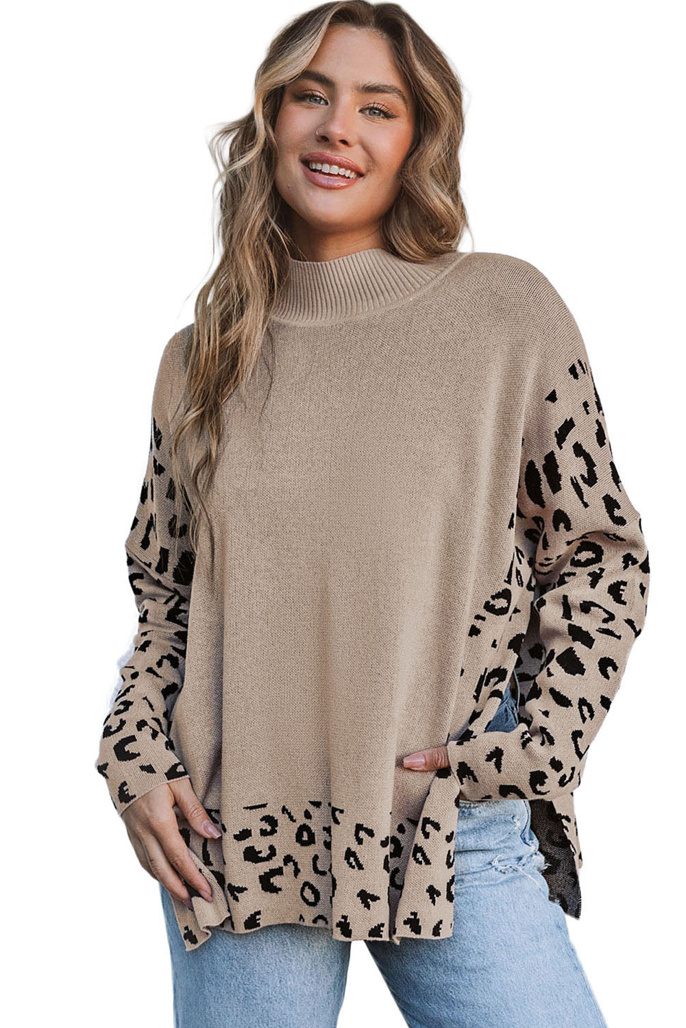 Pull oversize kaki léopard à col haut et fente latérale