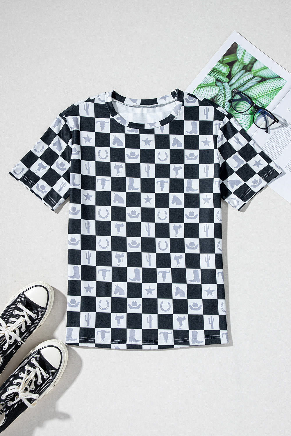 T-shirt fendu sur le côté à imprimé damier Western Fashion