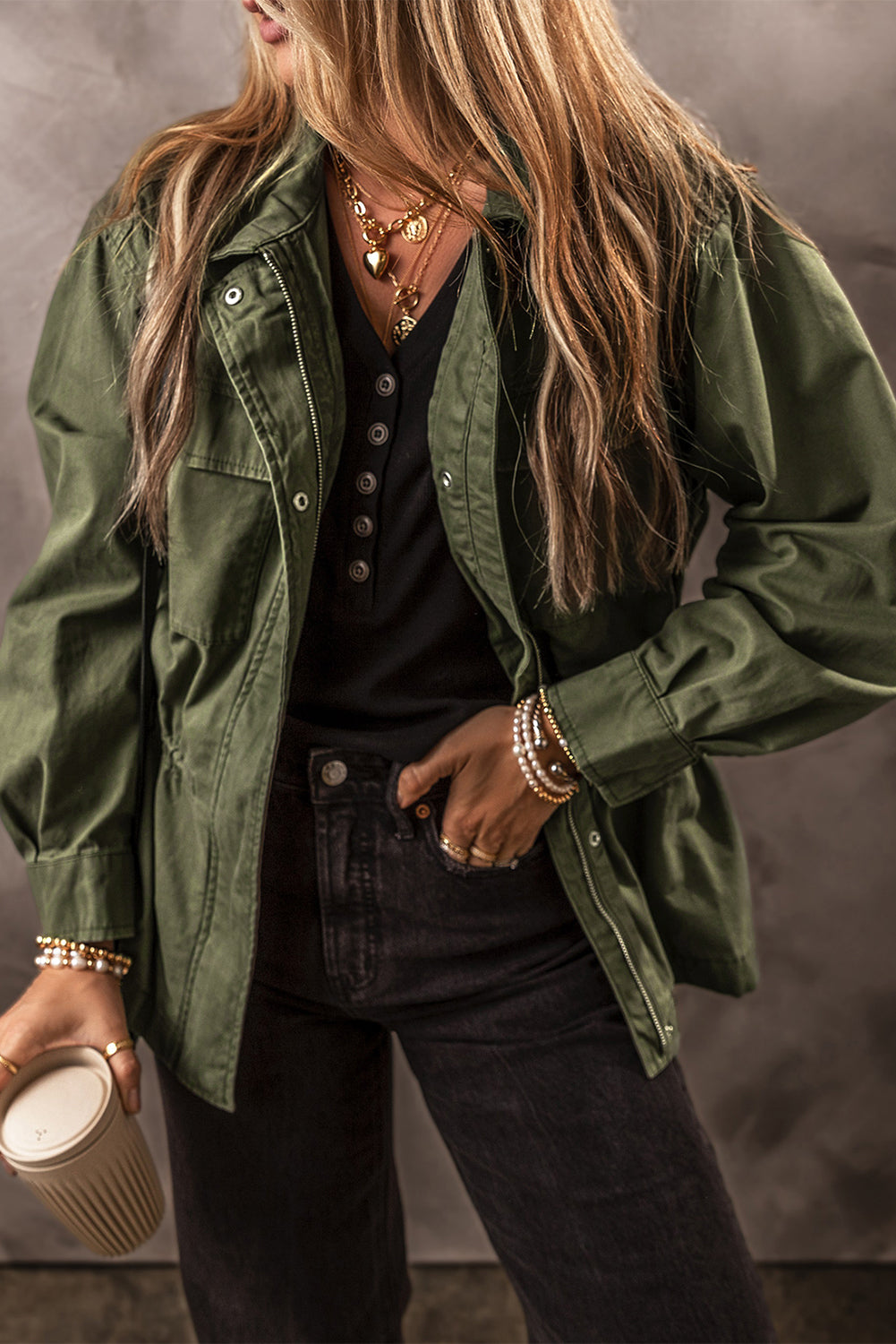 Veste a col taille serrée avec fermeture éclair et bouton-pression