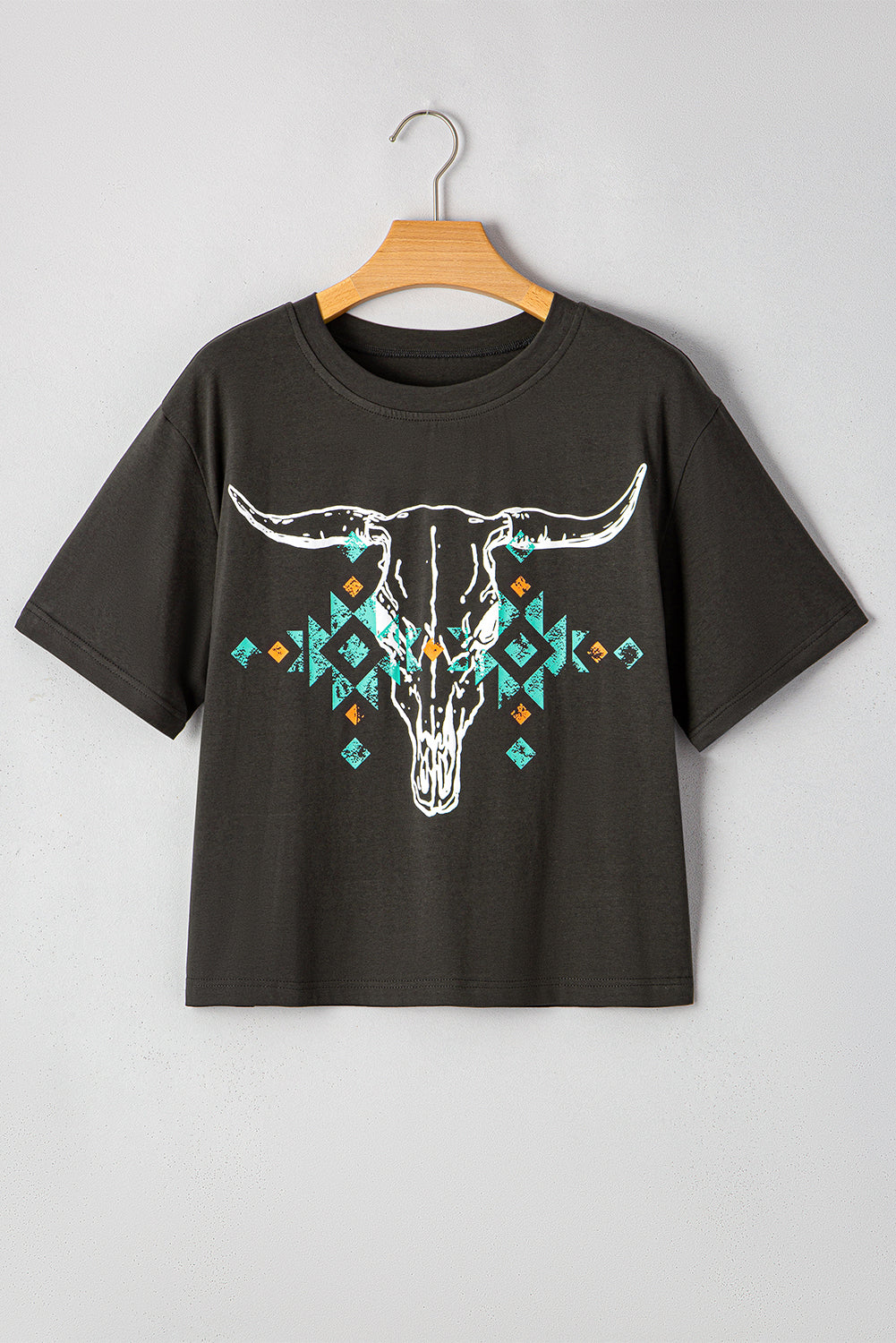 T-shirt vintage à motif tête de taureau western turquoise et aztèque