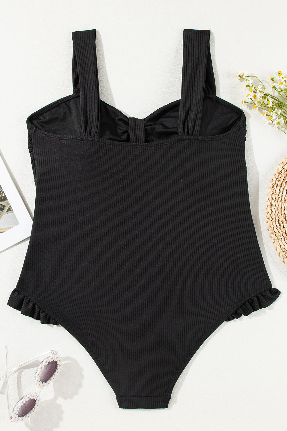 Maillot de bain une pièce texturé grande taille avec bordure à volants et nœuds