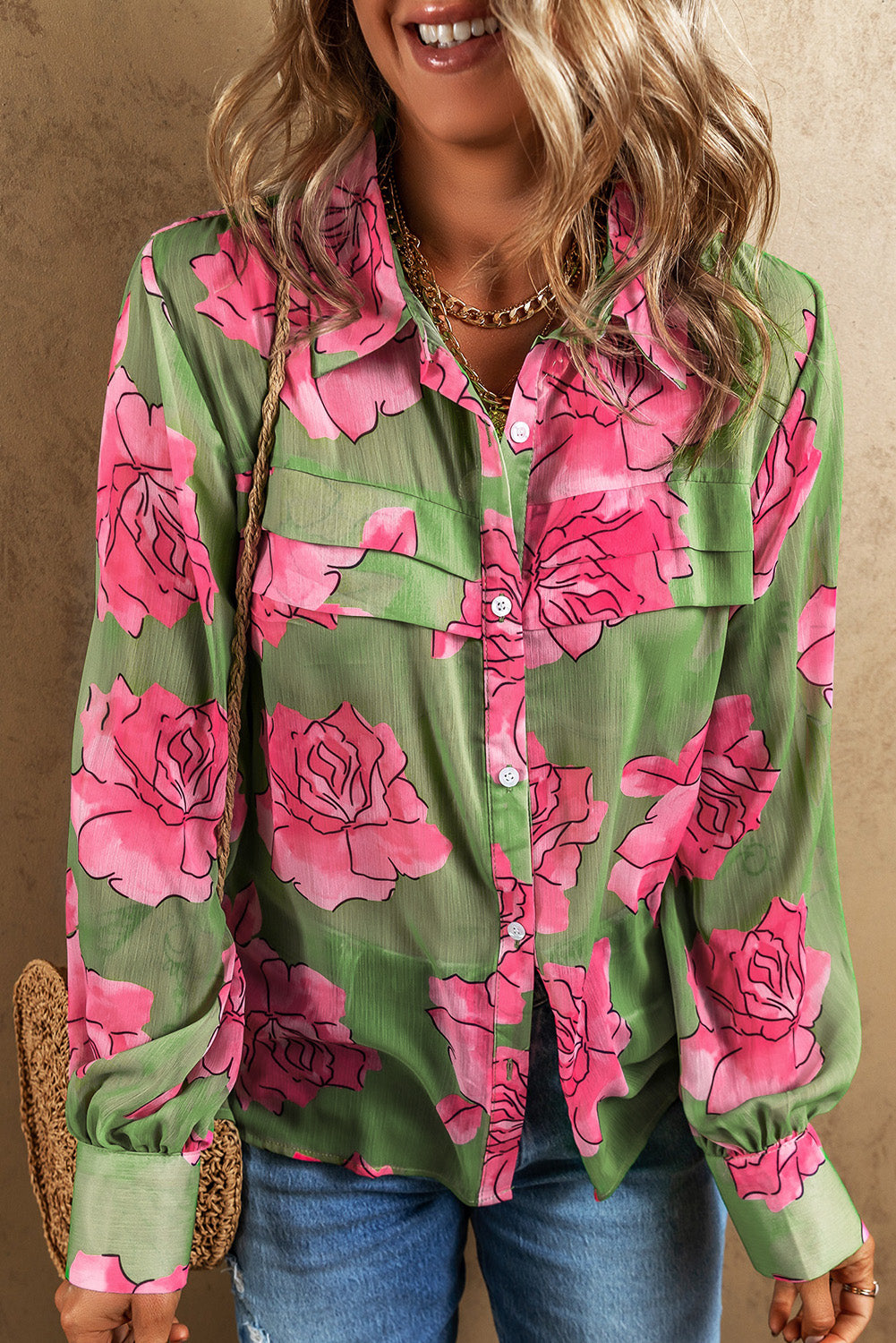 Chemise à manches bouffantes et détails plissés à imprimé floral