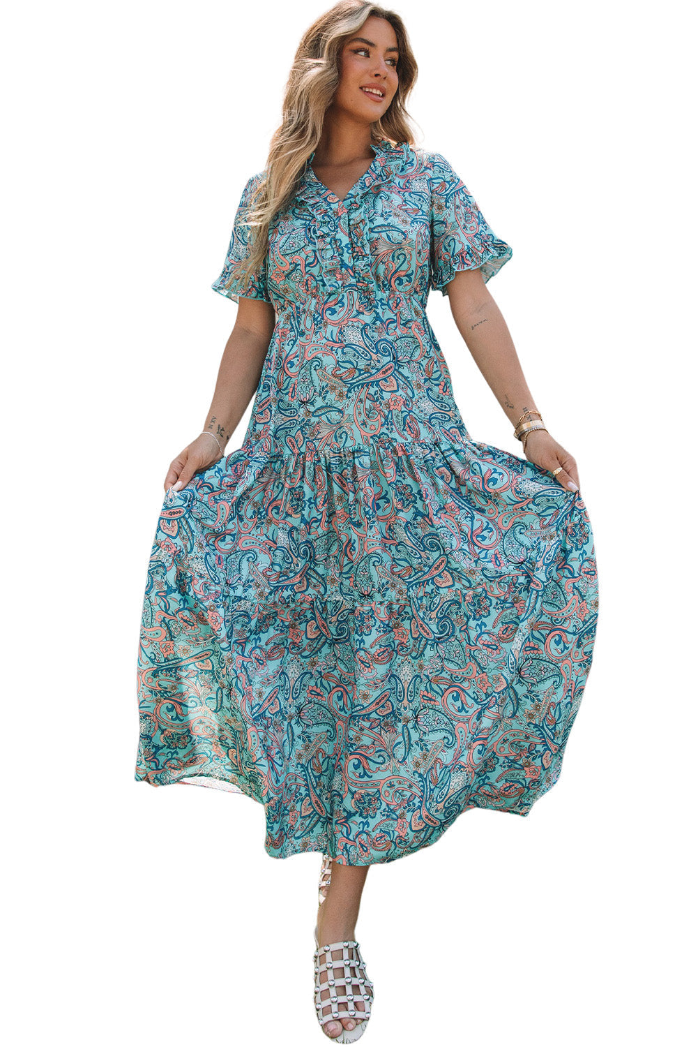 Robe longue bohème à imprimé cachemire et volants pour les vacances