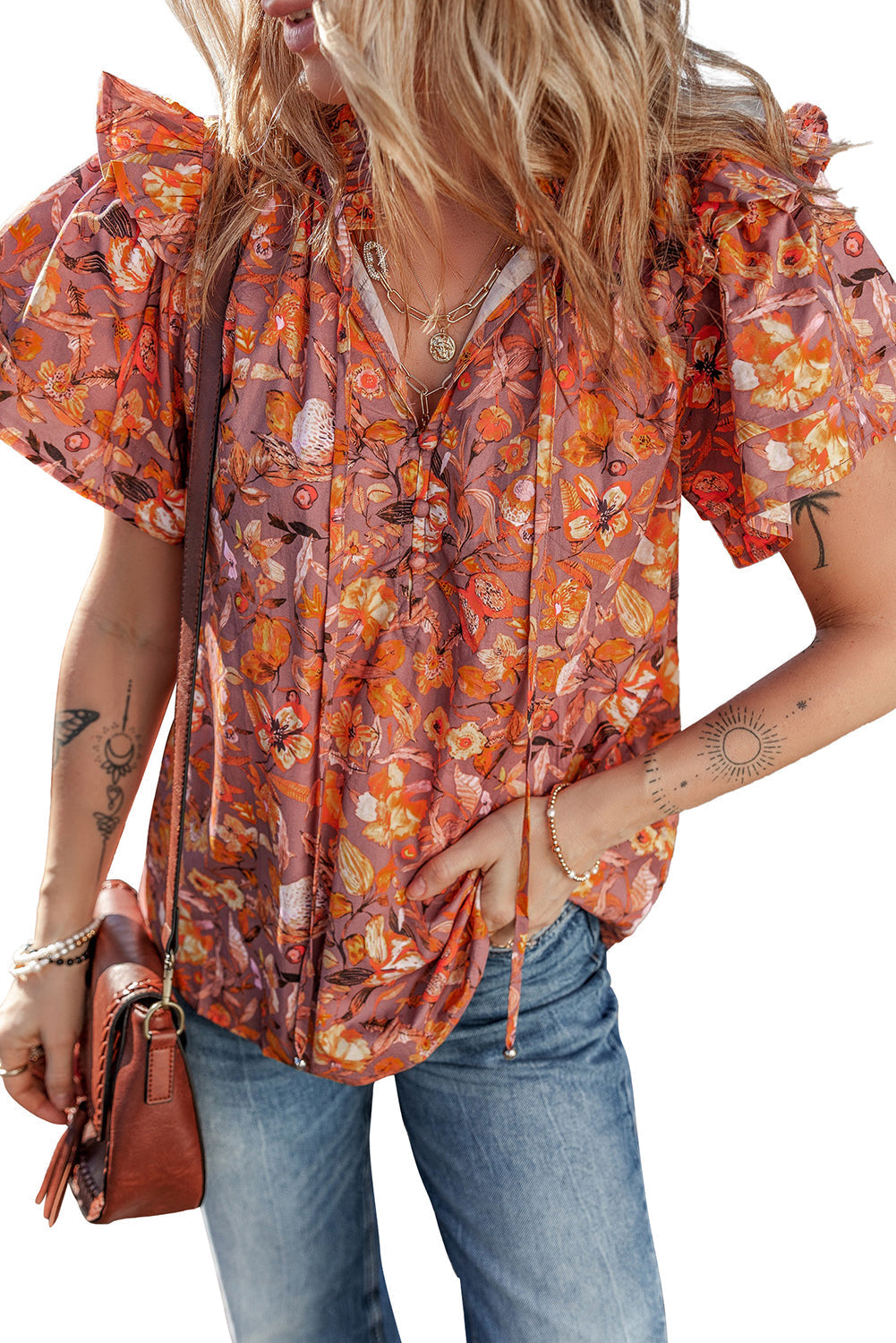 Blouse a col en V a volants et manches flottantes a imprimé floral