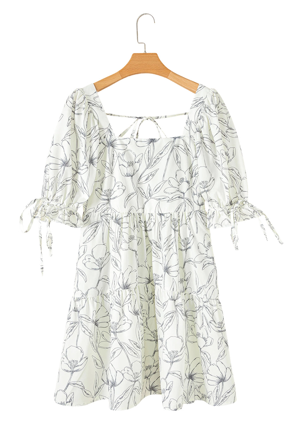 Mini-robe à imprimé floral, col carré, dos froncé, manches bouffantes