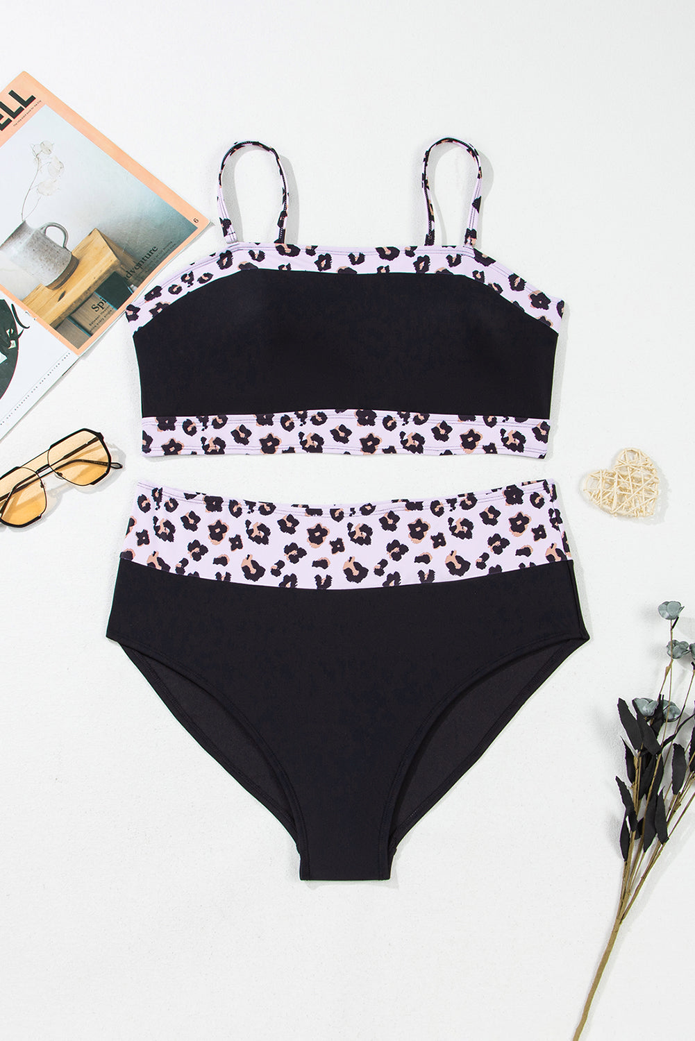 Maillot de bain 2 pièces taille haute patchwork léopard grande taille