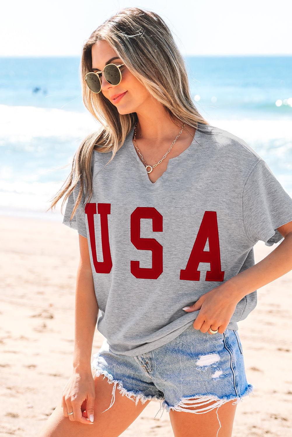 T-shirt ample à col cranté et inscription USA