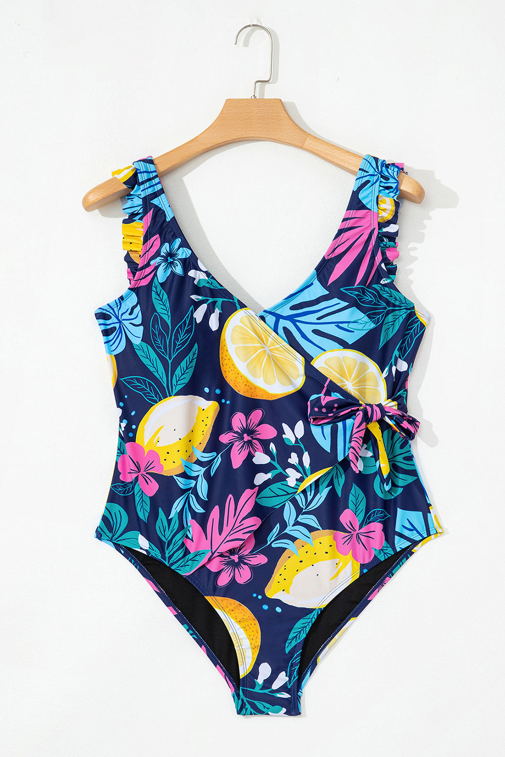 Maillot de bain une pièce grande taille imprimé col en V cache-cœur nœud volanté