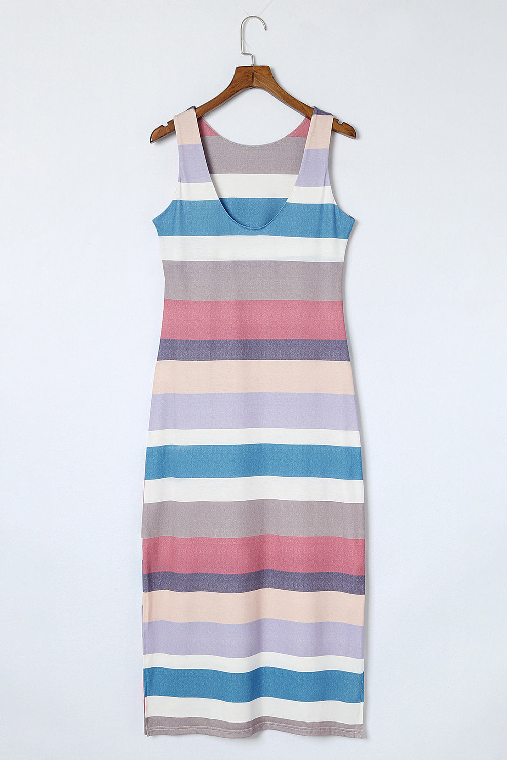 Robe débardeur longue fendue a imprimé rayé