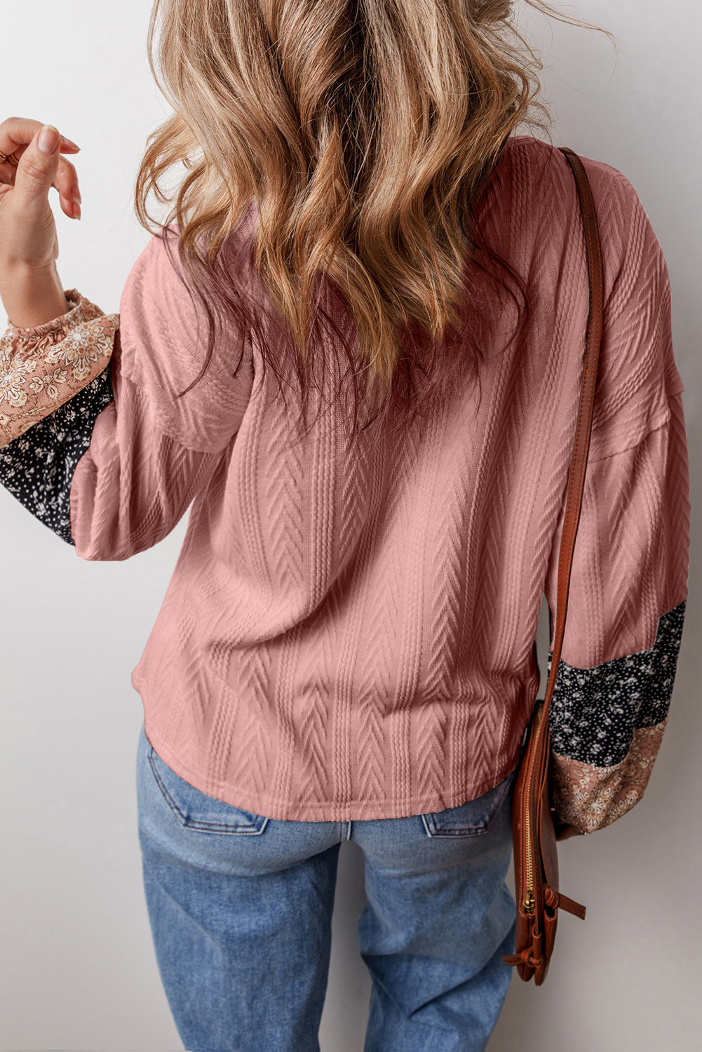 Blouse a col en V avec cordon de serrage en tricot texturé patchwork floral