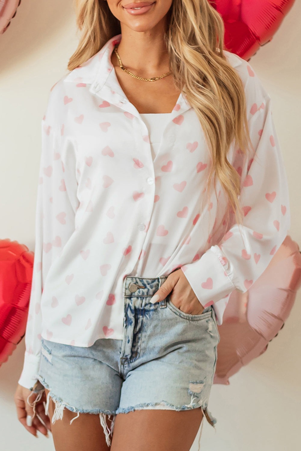 Chemise a manches bouffantes et épaules tombantes imprimées Love Heart