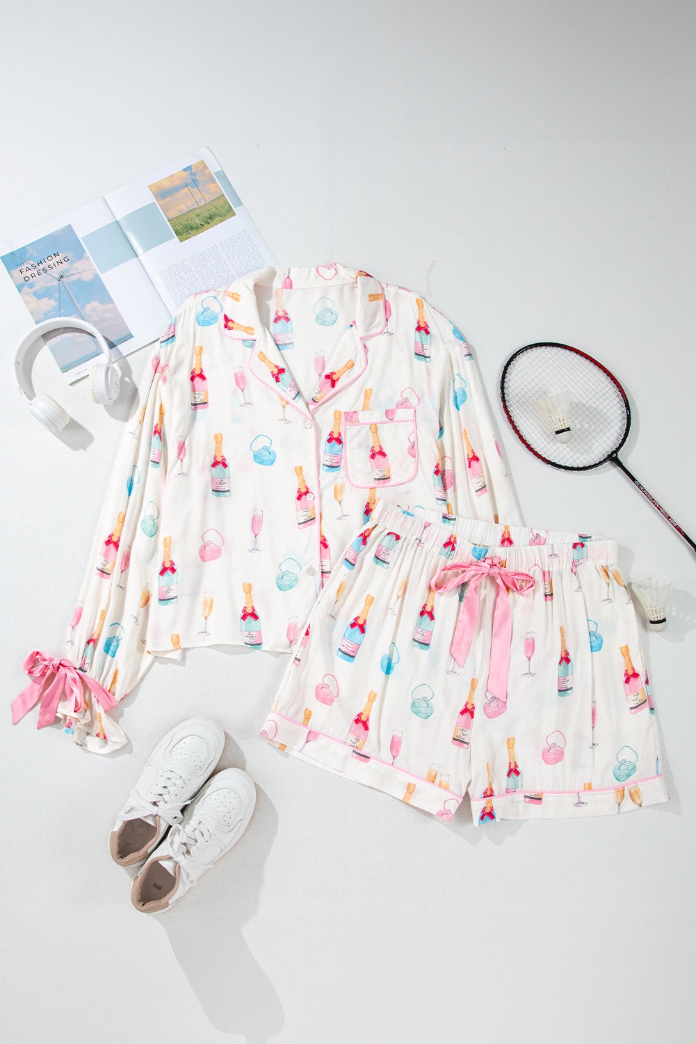 Ensemble de Pyjama a Noeud Papillon Imprimé Verre a Vin de Grande Taille