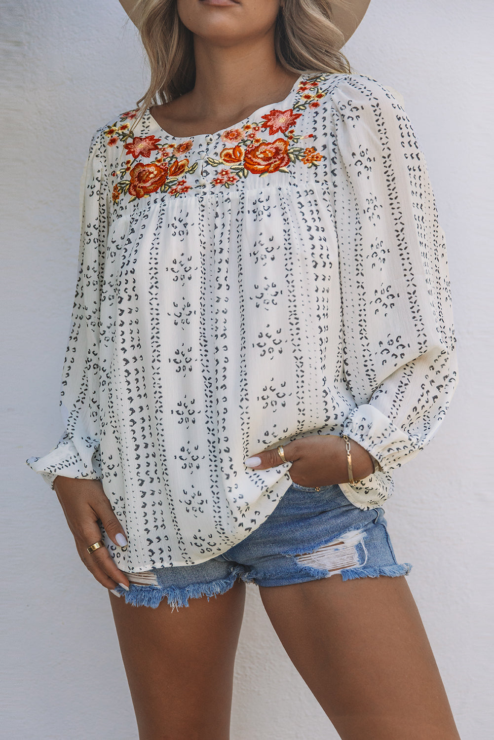 Blouse imprimée brodée à manches longues