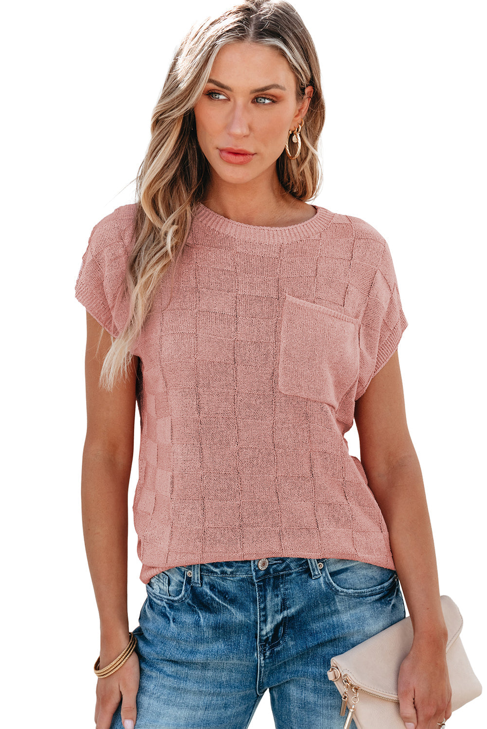 Pull a manches courtes en tricot texturé en treillis