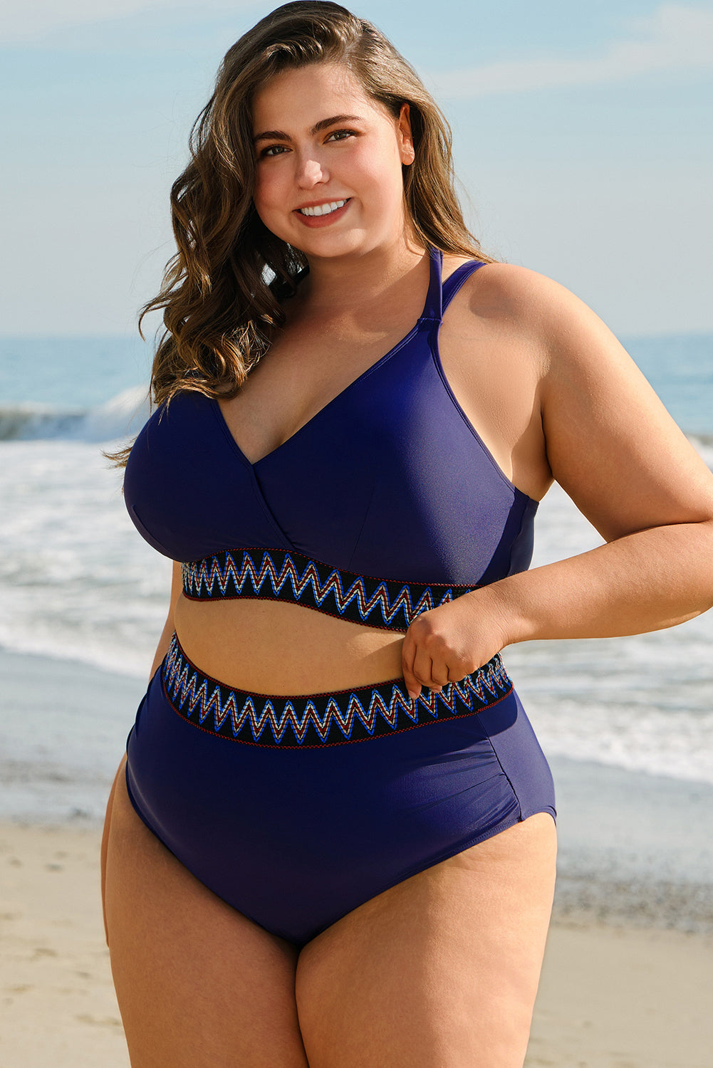 Bikini taille haute grande taille avec bordure brodée et nœud