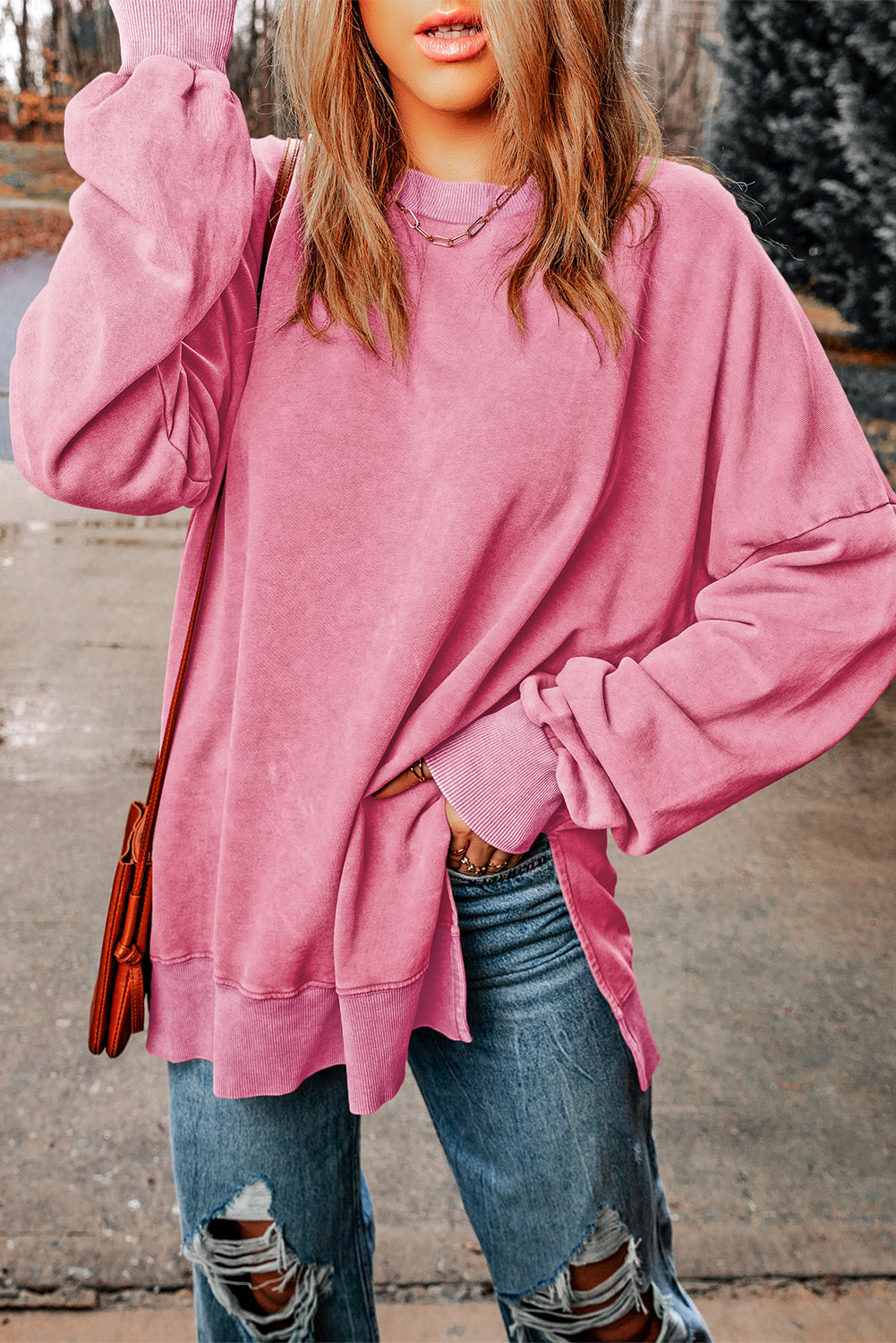 Sweat-shirt surdimensionné à épaules tombantes et bordure côtelée