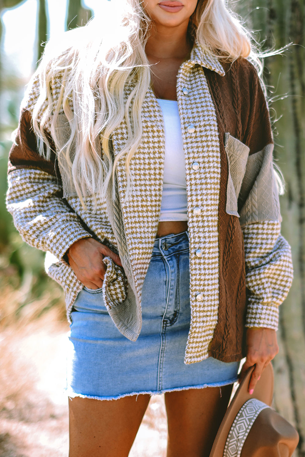 Veste ample en patchwork texturé a contraste de couleur pied-de-poule