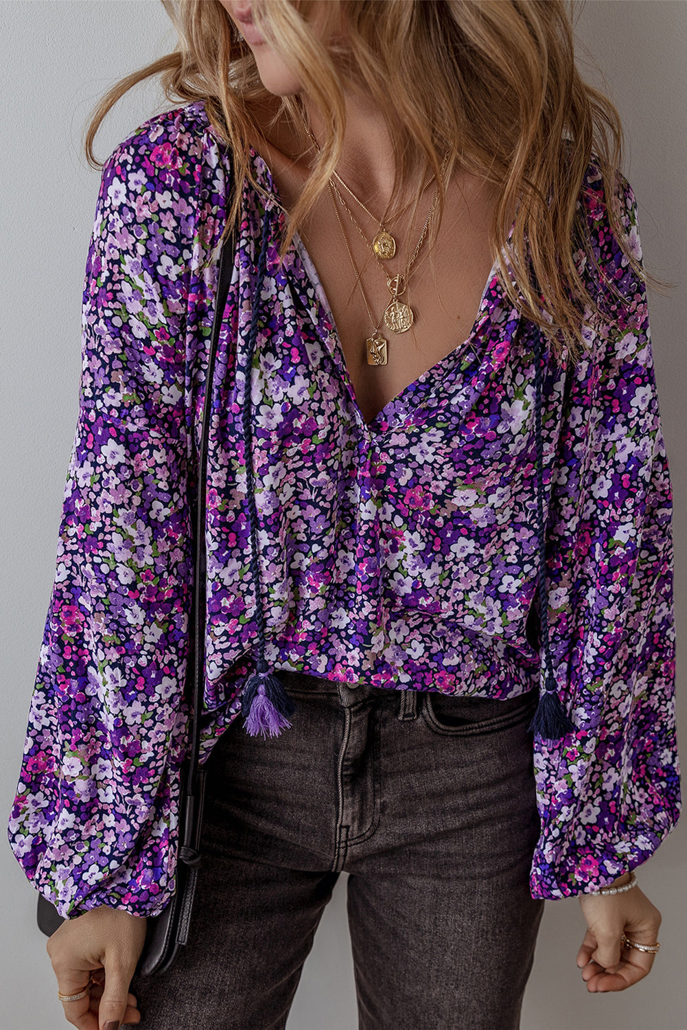 Blouse Boho Fleur Fendue a Col en V et Manches Bulles