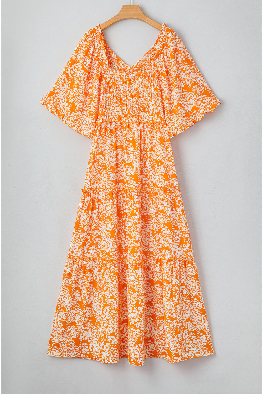 Robe longue à imprimé floral, col en V, manches larges et smockées