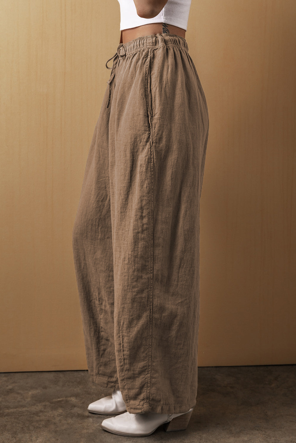 Pantalon large en coton et lin avec cordon de serrage a la taille