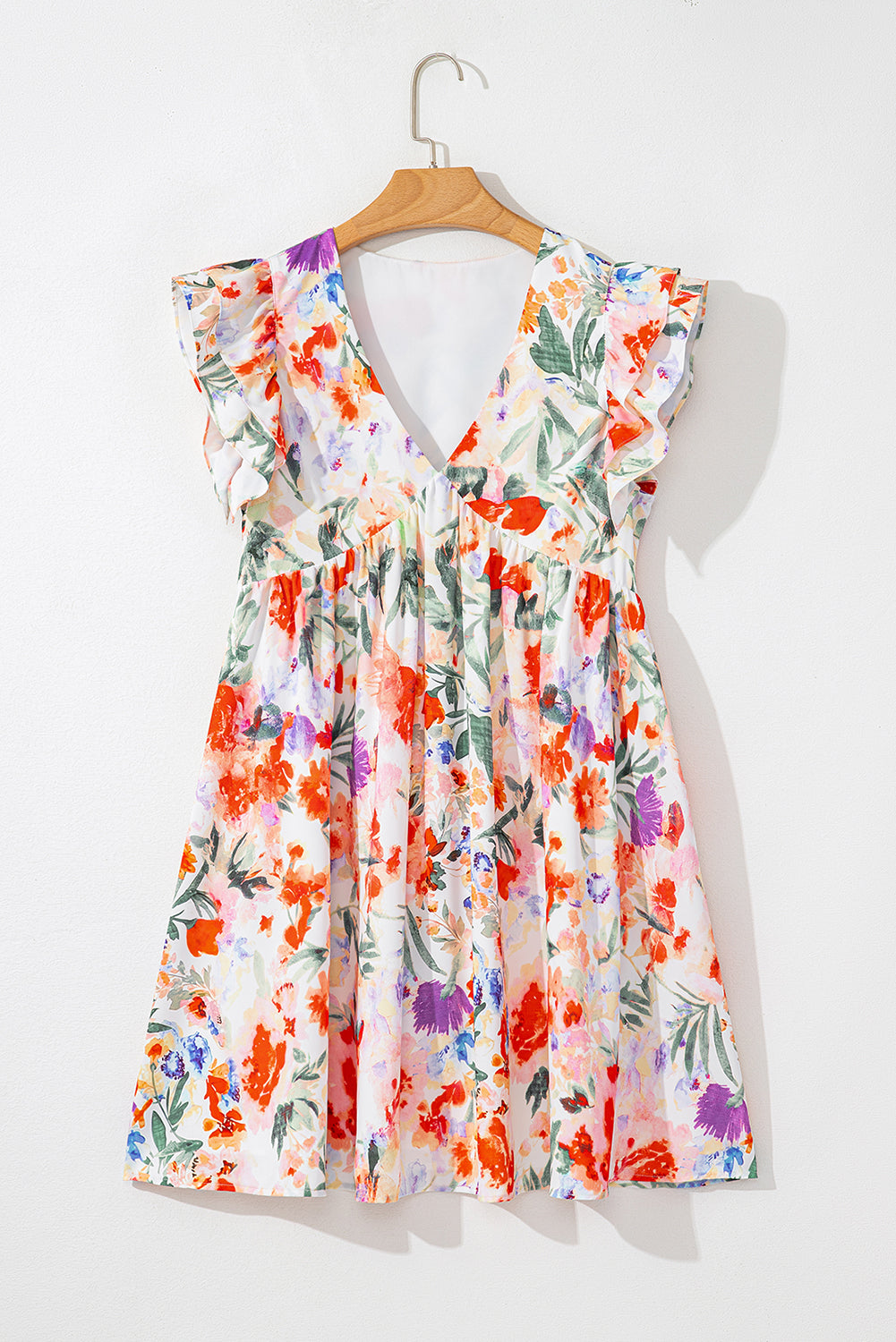 Mini-robe florale à manches à double volant et col en V, taille haute