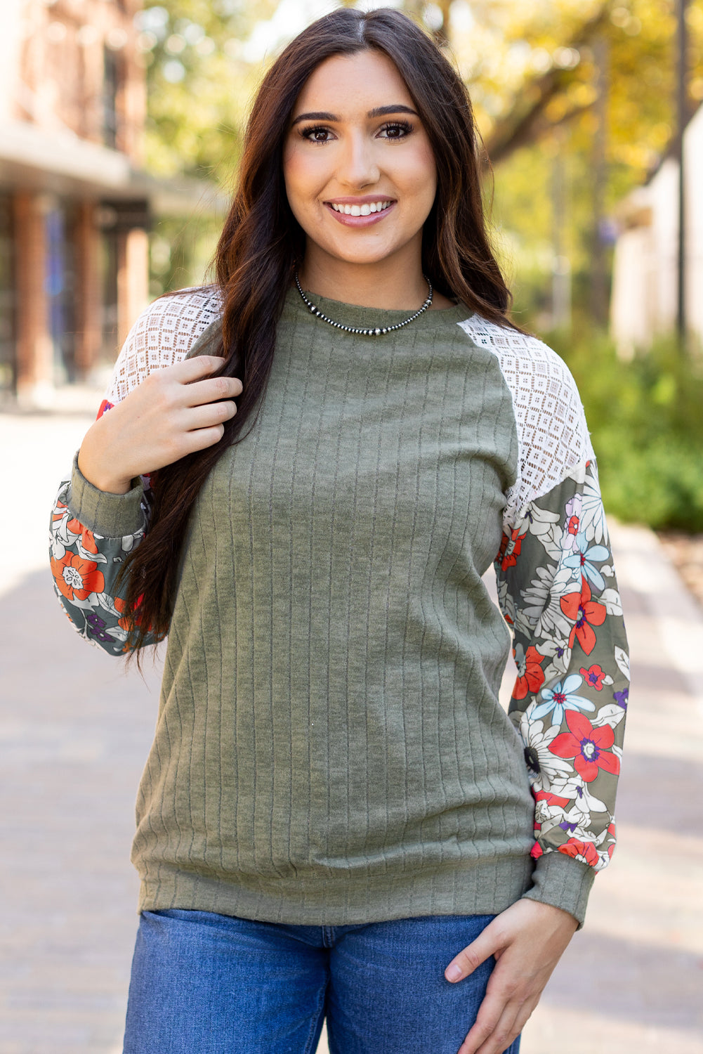 Blouse côtelée a manches longues et patchwork floral