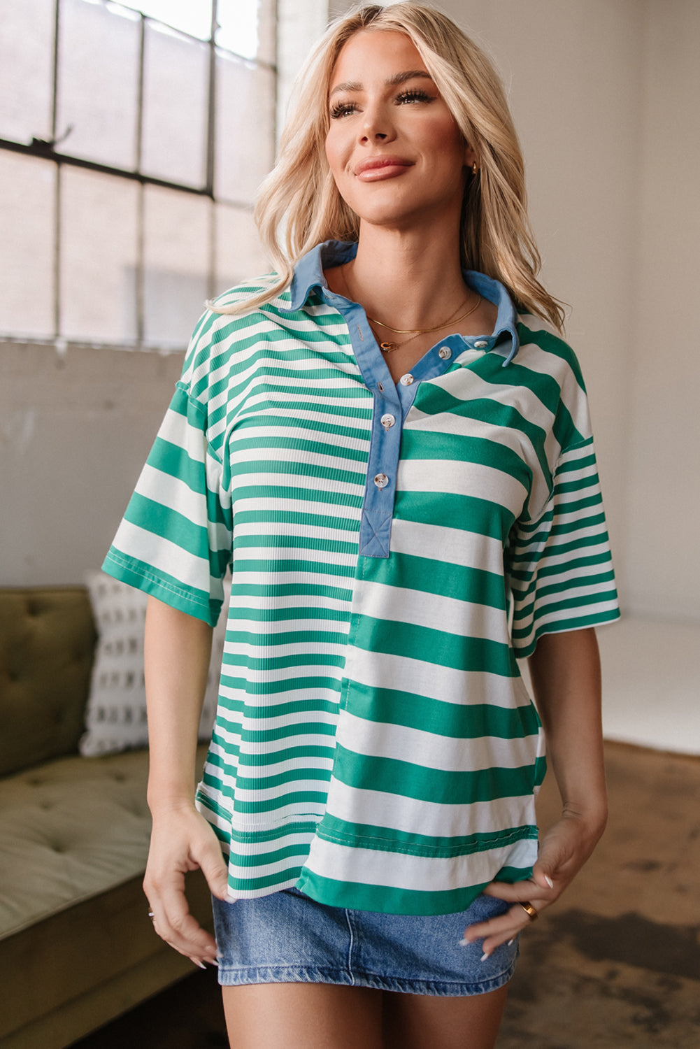 T-shirt à col colorblock et demi-boutons
