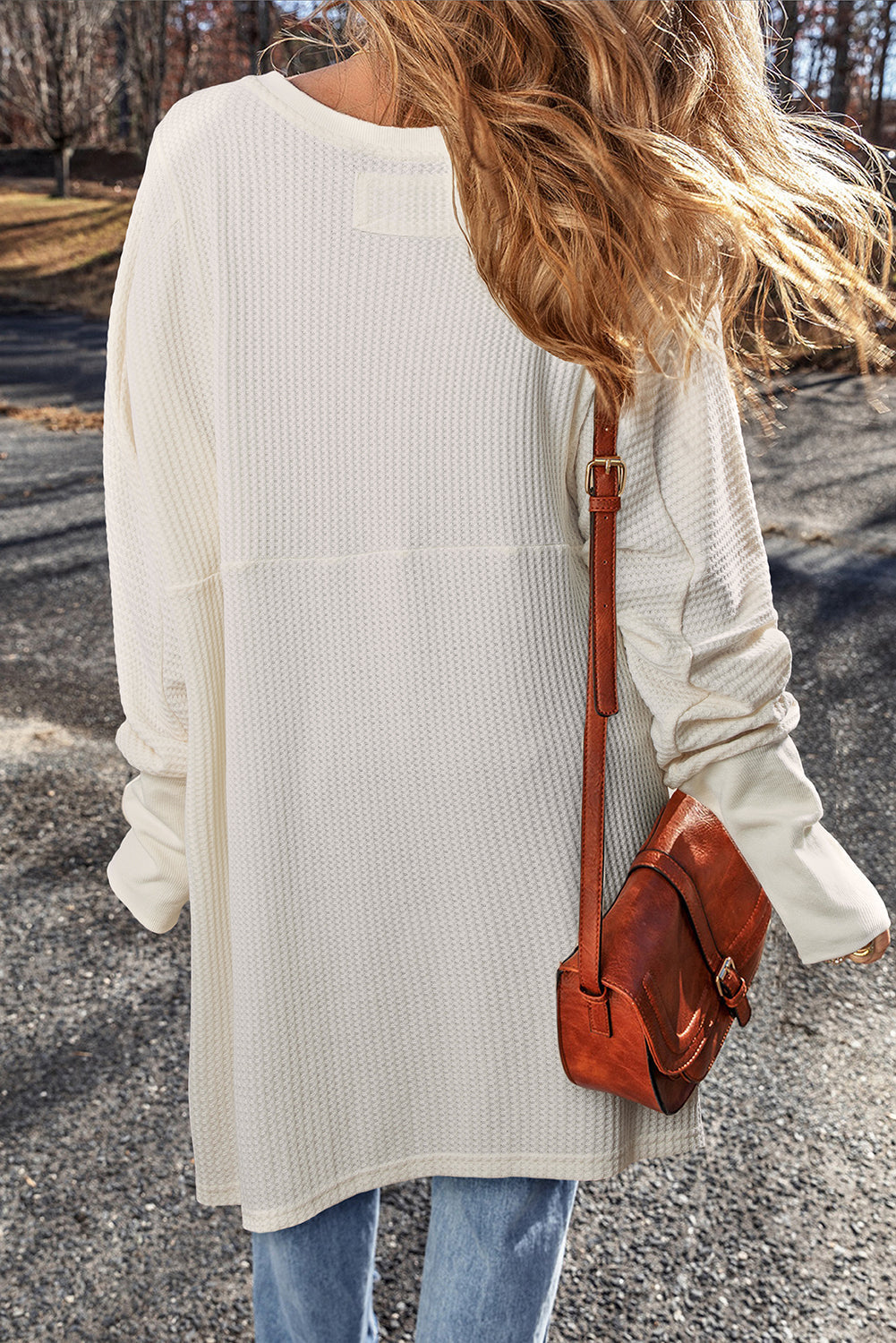 Haut oversize a col en V et coutures apparentes en tricot gaufré