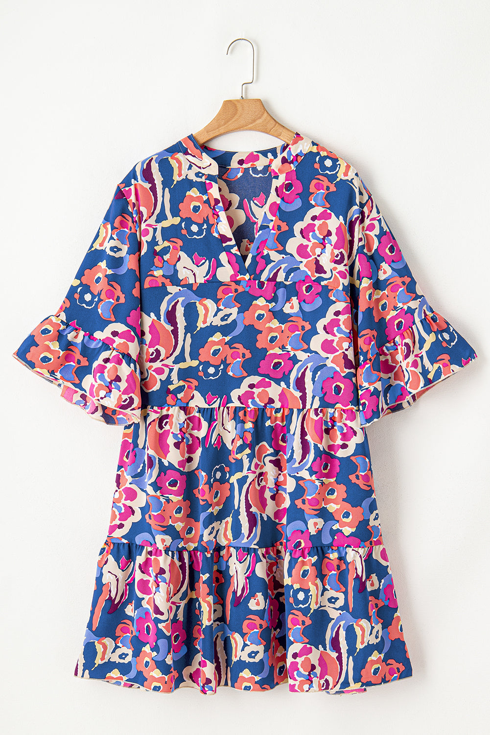 Mini-Robe Imprimée Florale à Volants à Manches 3/4 de Grande Taille