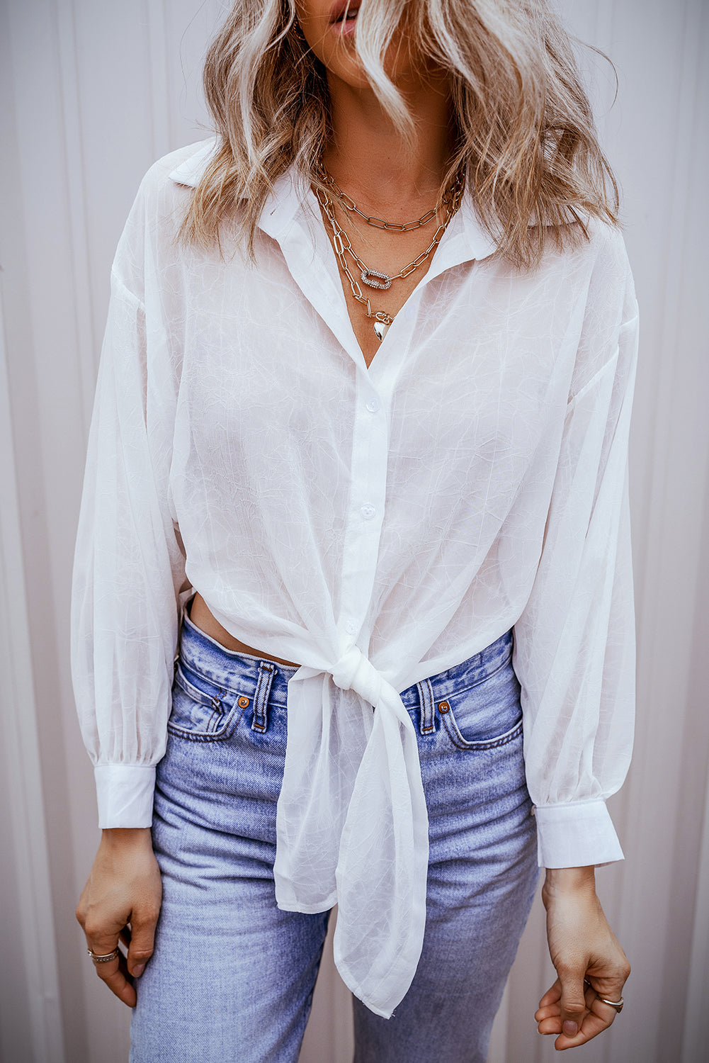 Chemise transparente unie nouée sur le devant, coupe ample