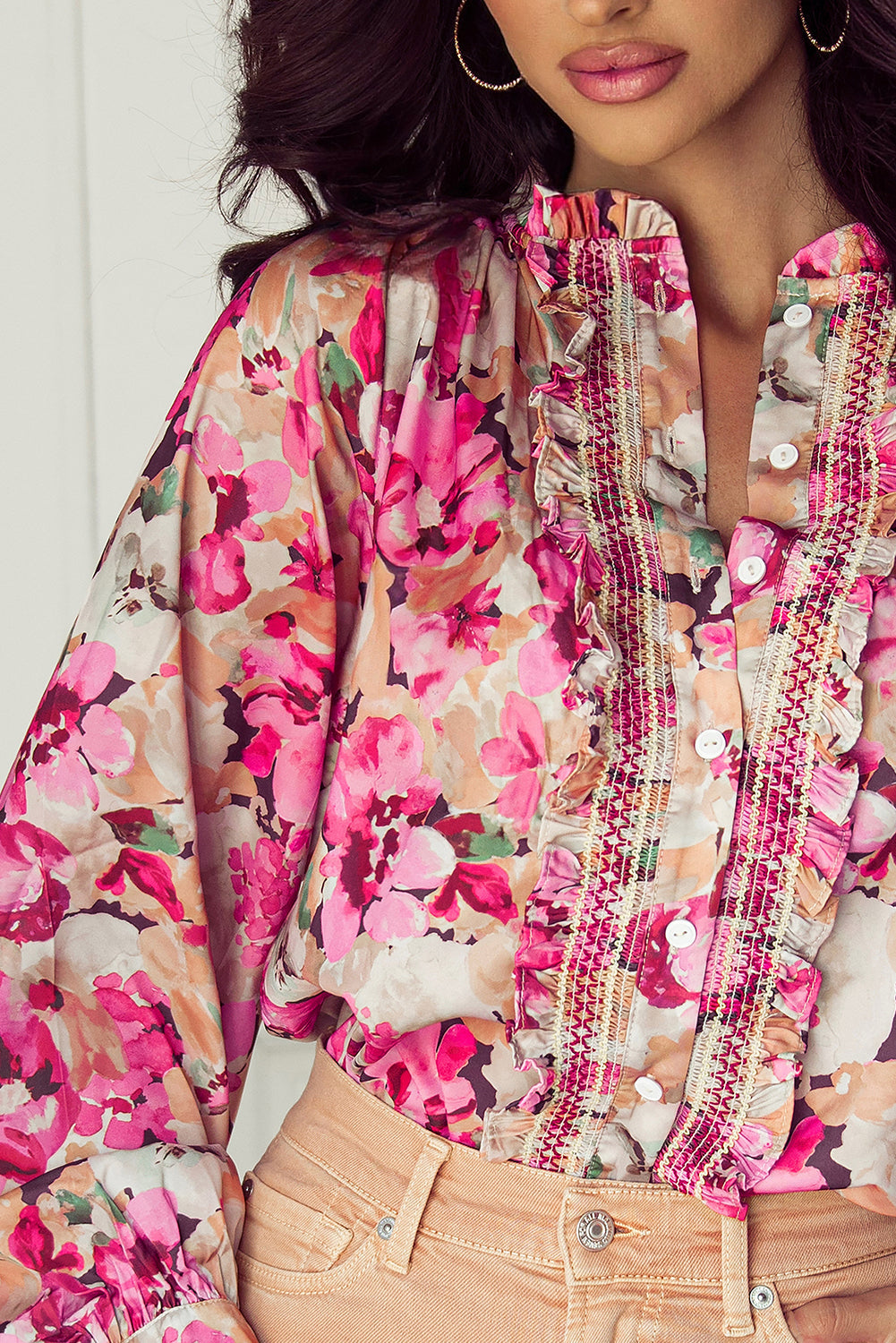 Chemise ample boutonnée à volants et imprimé floral