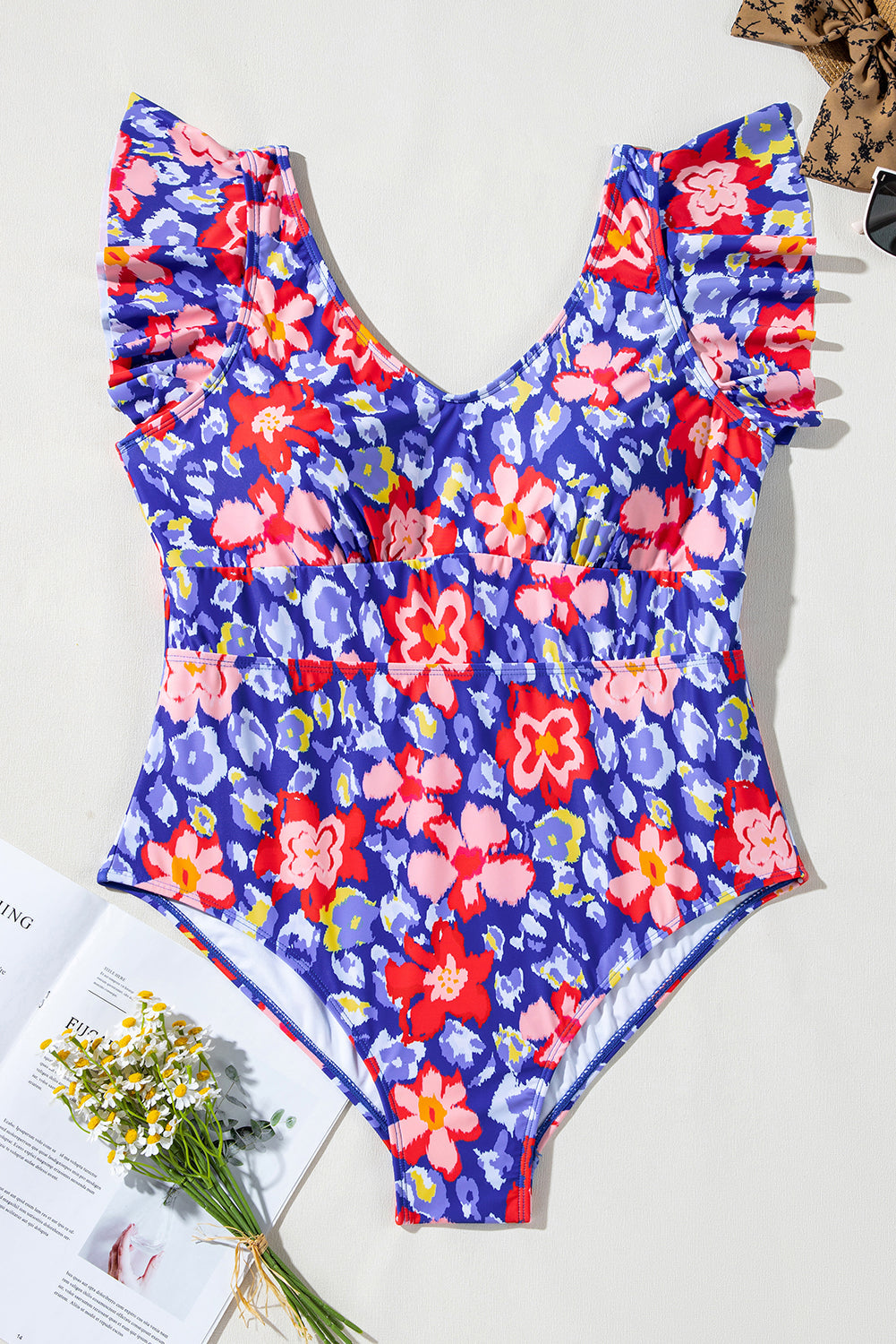 Maillot de bain une pièce taille haute à volants et col en V à imprimé floral