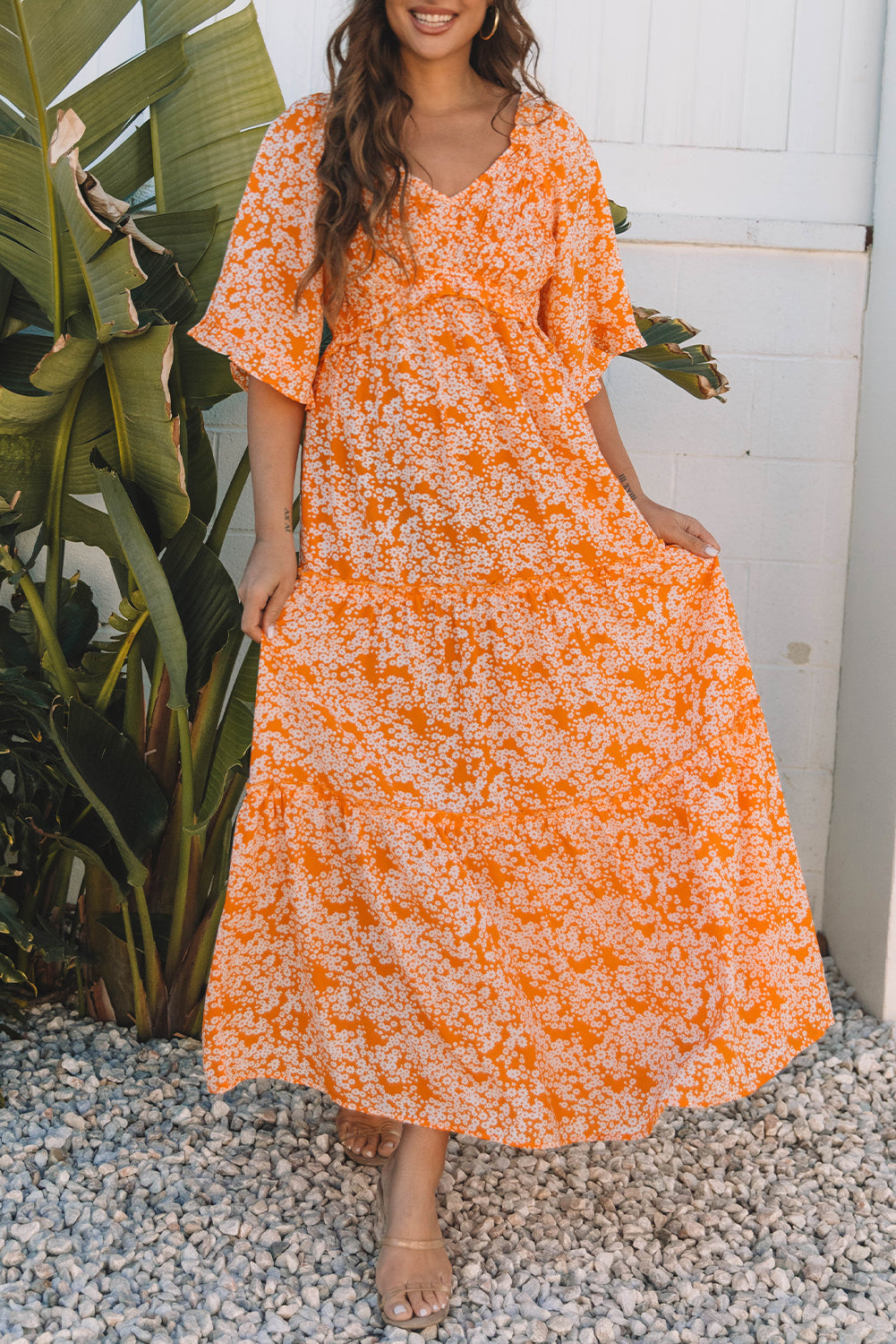 Robe longue à imprimé floral, col en V, manches larges et smockées