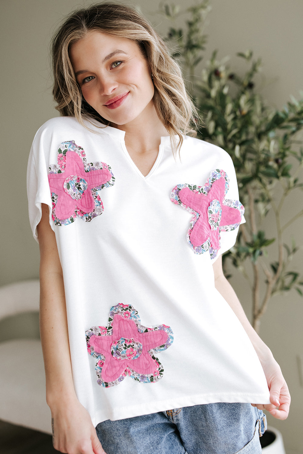 Haut à manches dolman et col en V cranté avec appliques florales
