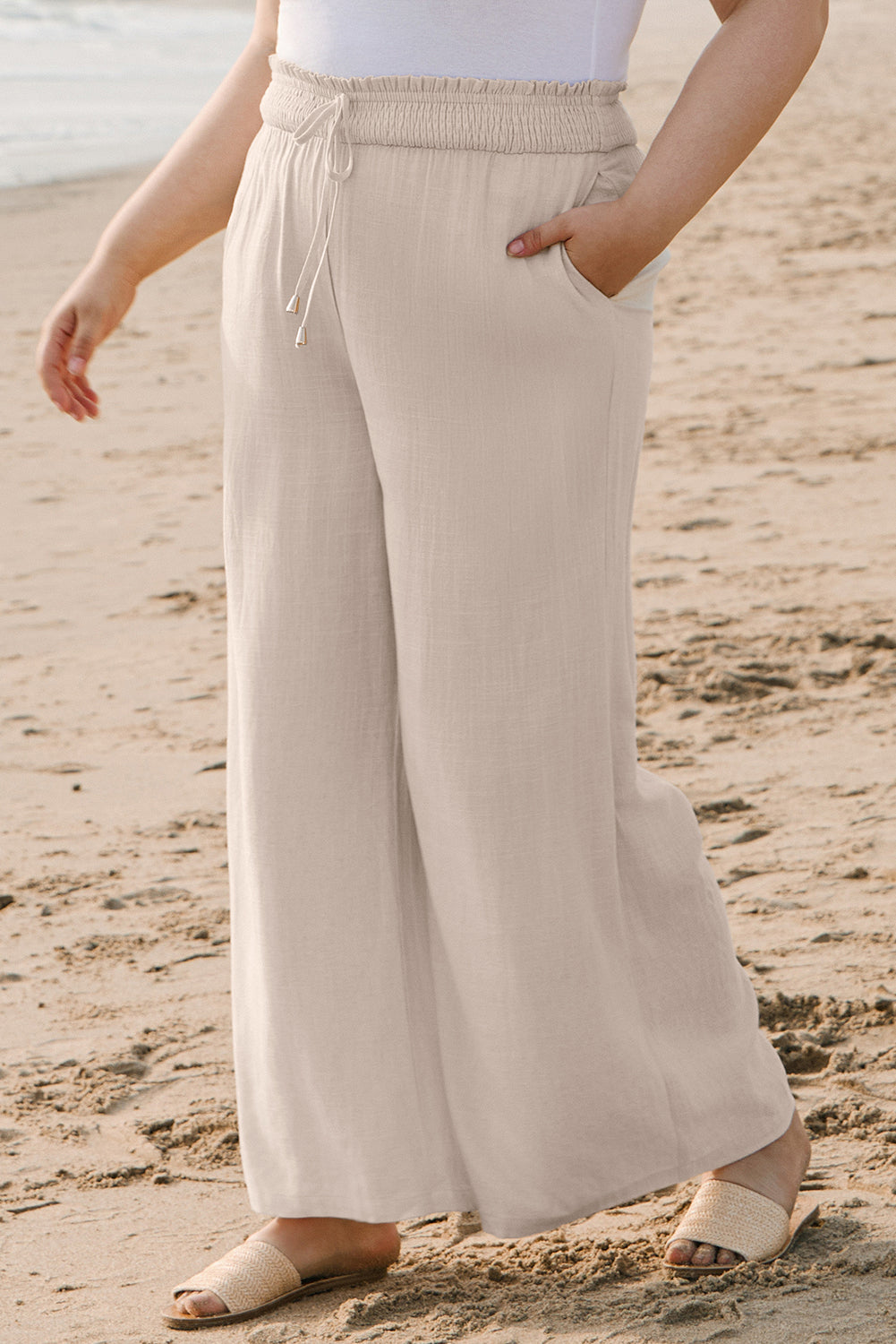 Pantalon large taille haute à smocks grande taille