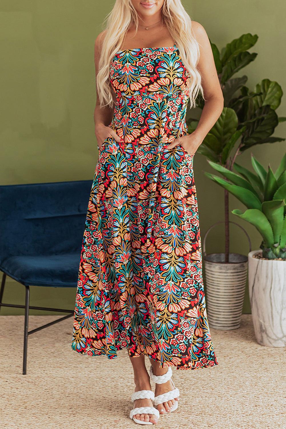 Robe longue bohème à imprimé floral et fines bretelles, sans manches, taille haute