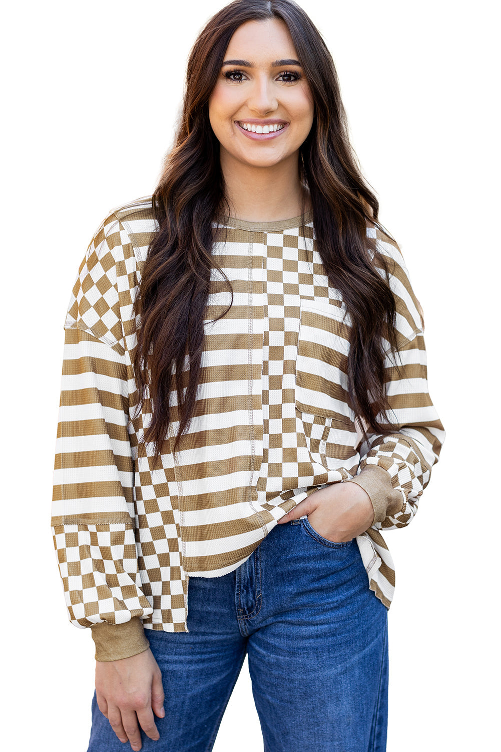 Blouse a poches et manches lanternes en patchwork rayé en damier