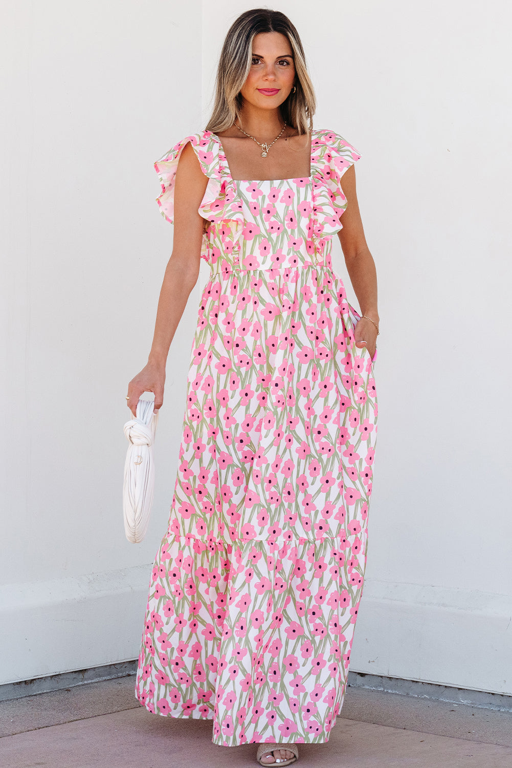 Robe longue à imprimé floral, col carré, bretelles à volants