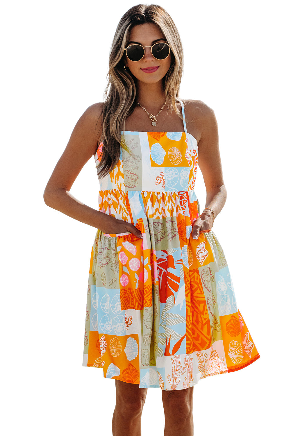 Robe d'été fluide à nouer et imprimé patchwork de coquillages