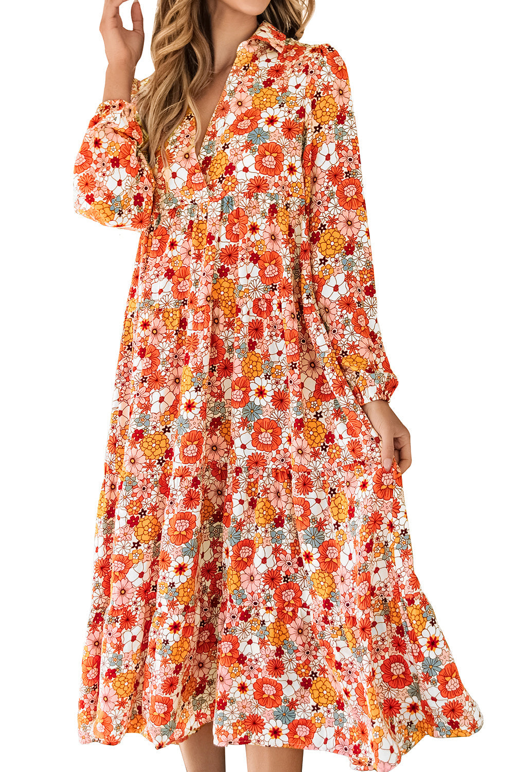 Robe bohème à volants et manches longues à col floral