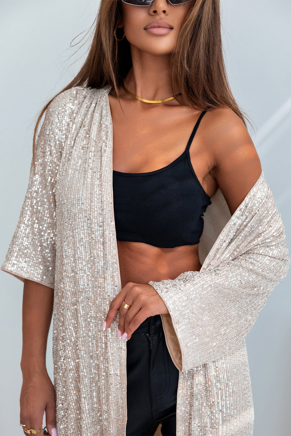Kimono plumeau ouvert à manches 3/4 et sequins