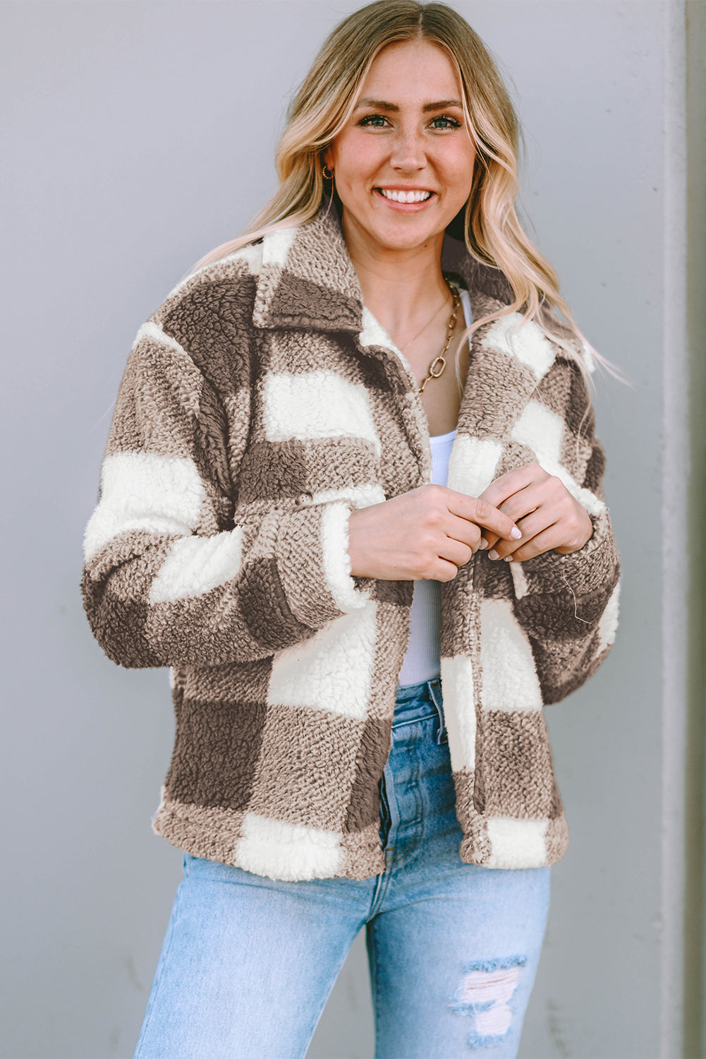 Veste sherpa à carreaux avec poche à rabat boutonné