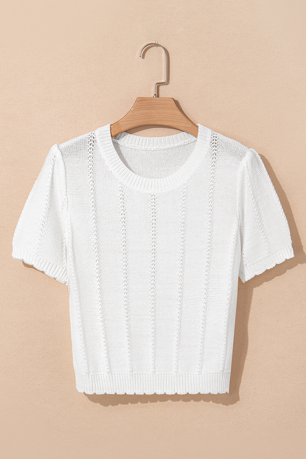 Pull ras du cou à manches courtes bouffantes en tricot pointelle