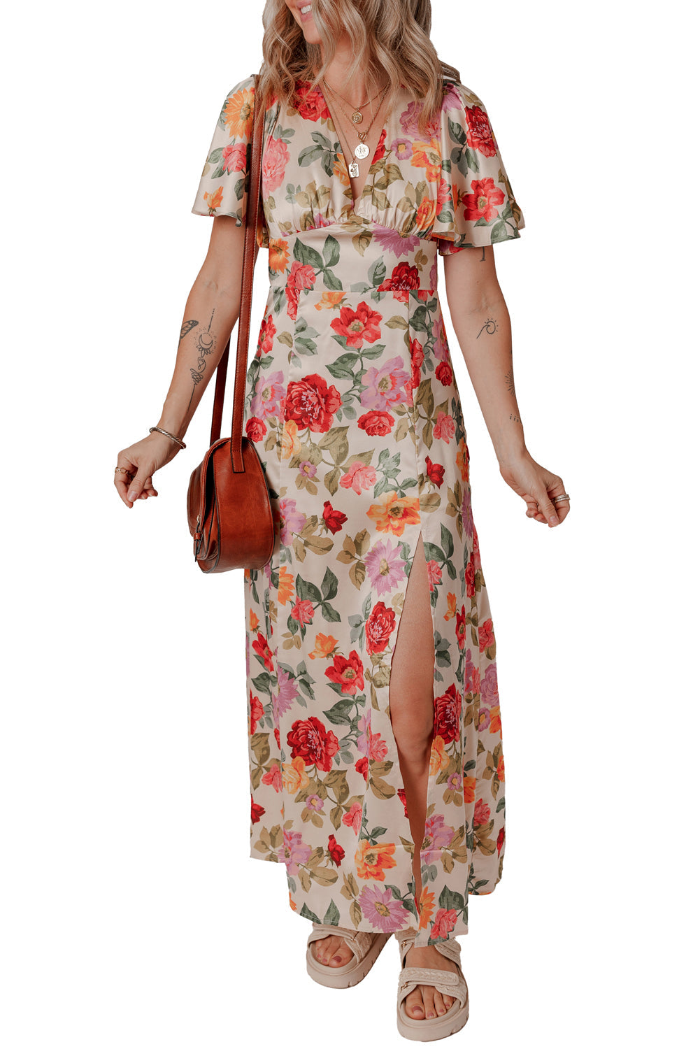 Robe longue fendue à fleurs vintage, col en V, manches courtes et lien au dos