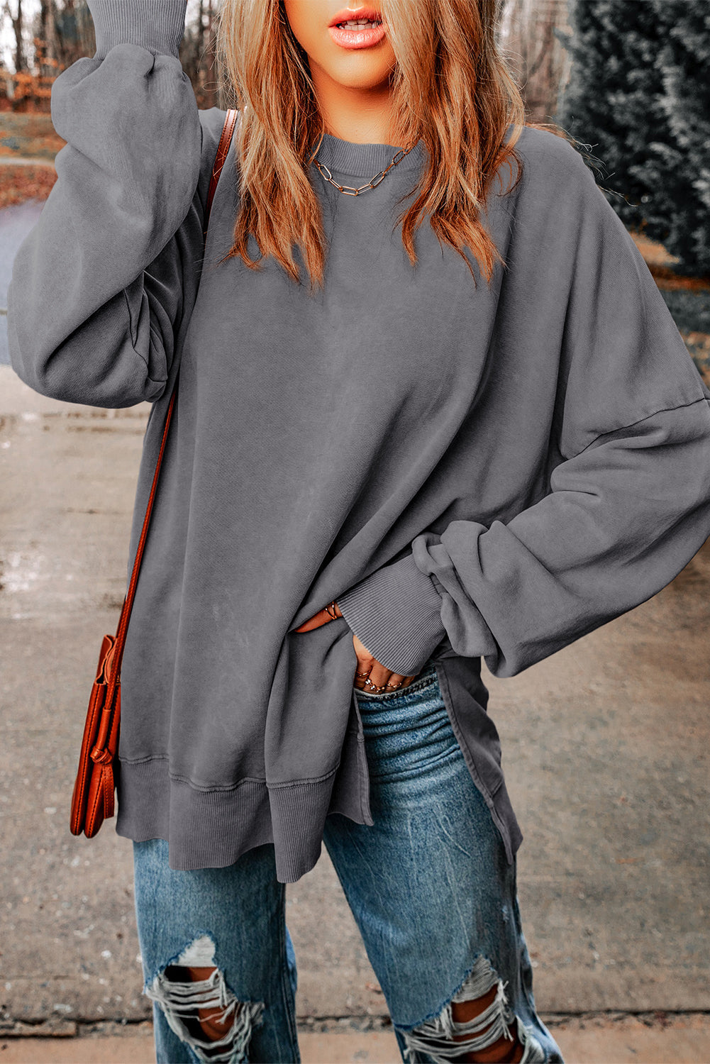 Sweat-shirt surdimensionné à épaules tombantes et bordure côtelée