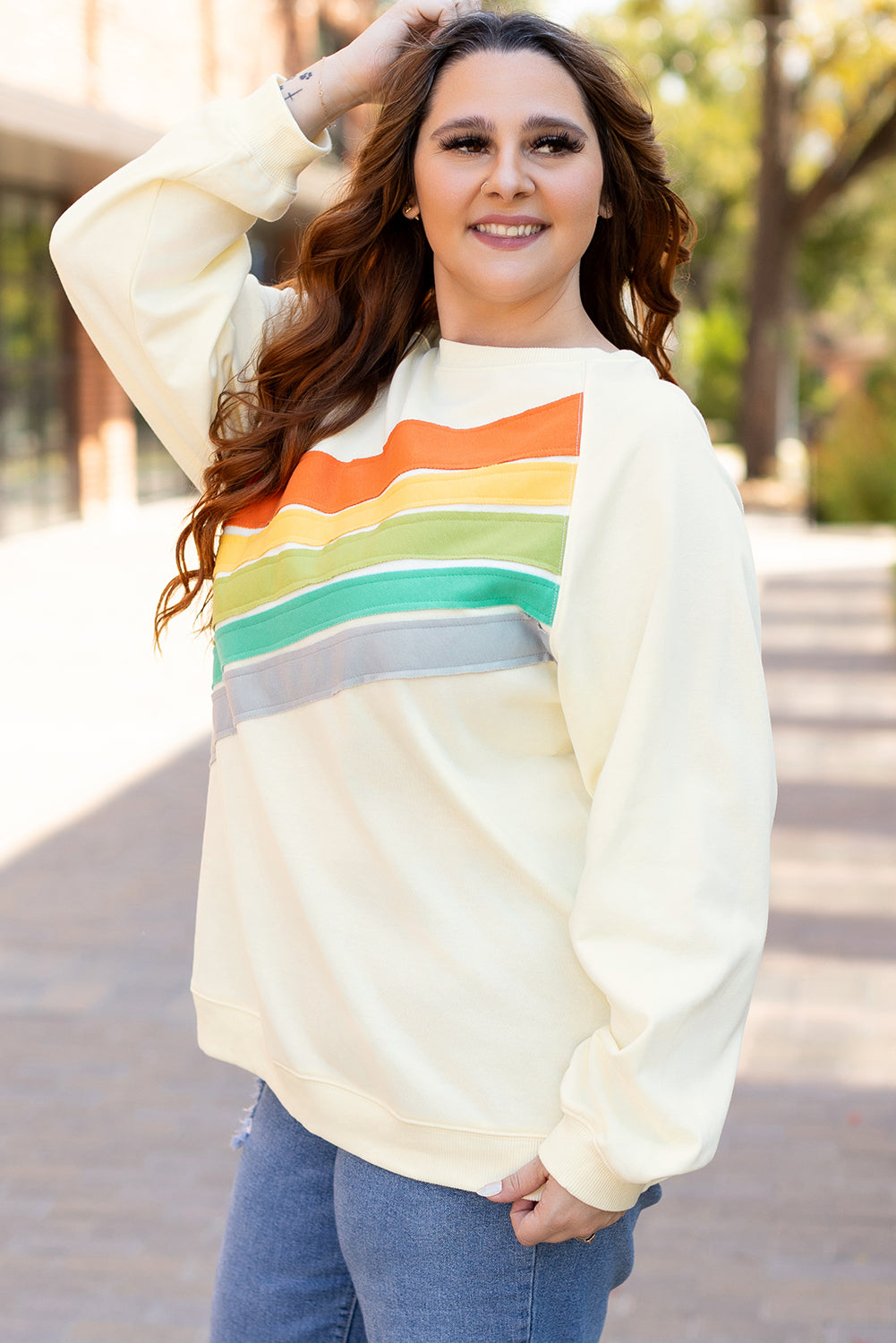 Sweat-shirt arc-en-ciel a manches raglan et col rond, grande taille