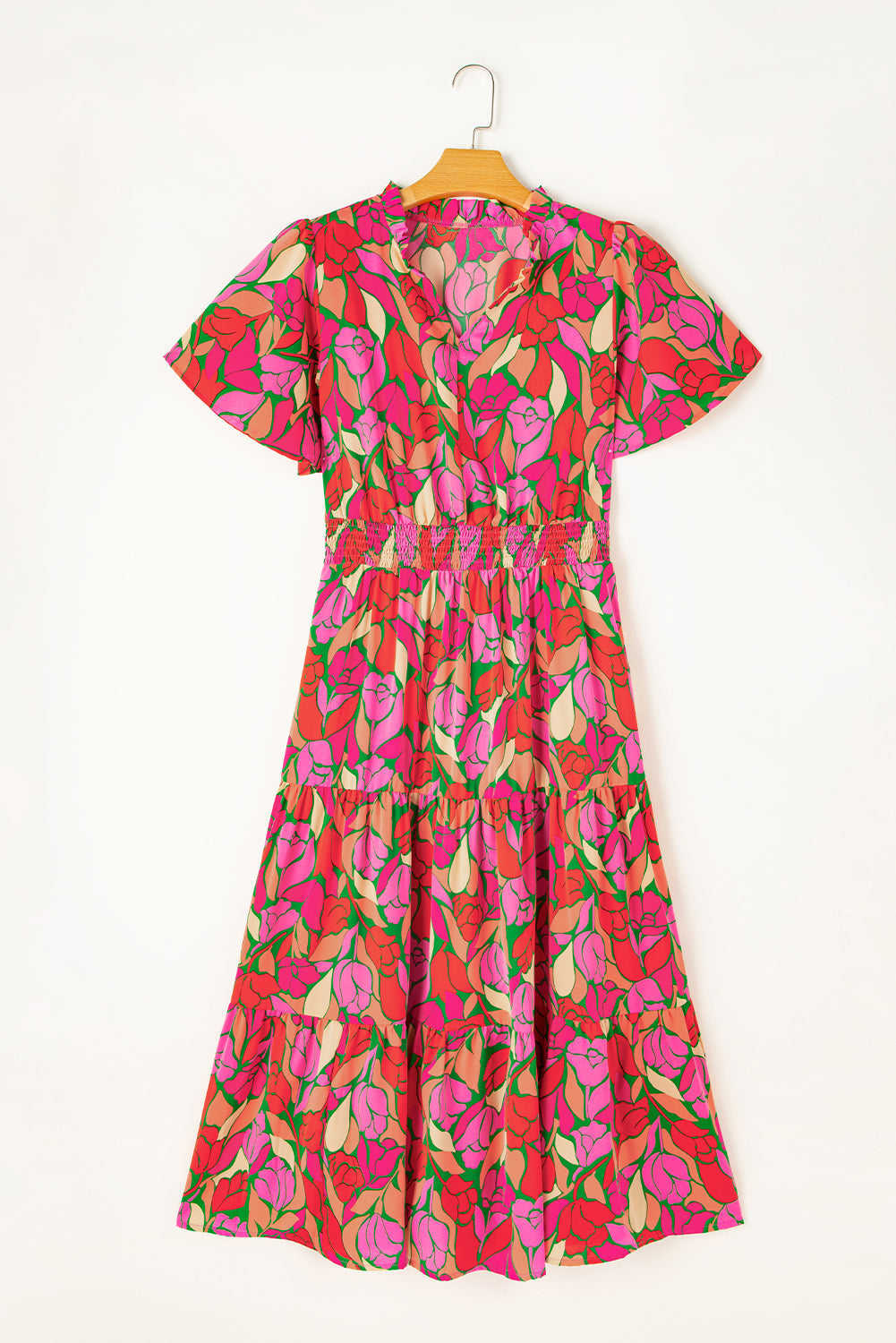 Robe longue florale a manches courtes et taille smockée