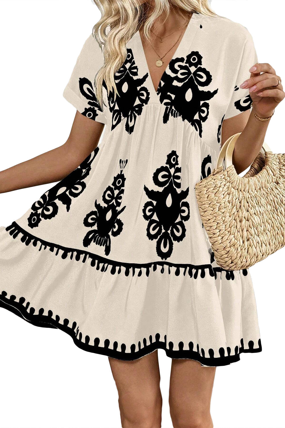 Robe à manches courtes et taille haute à imprimé vintage et col en V