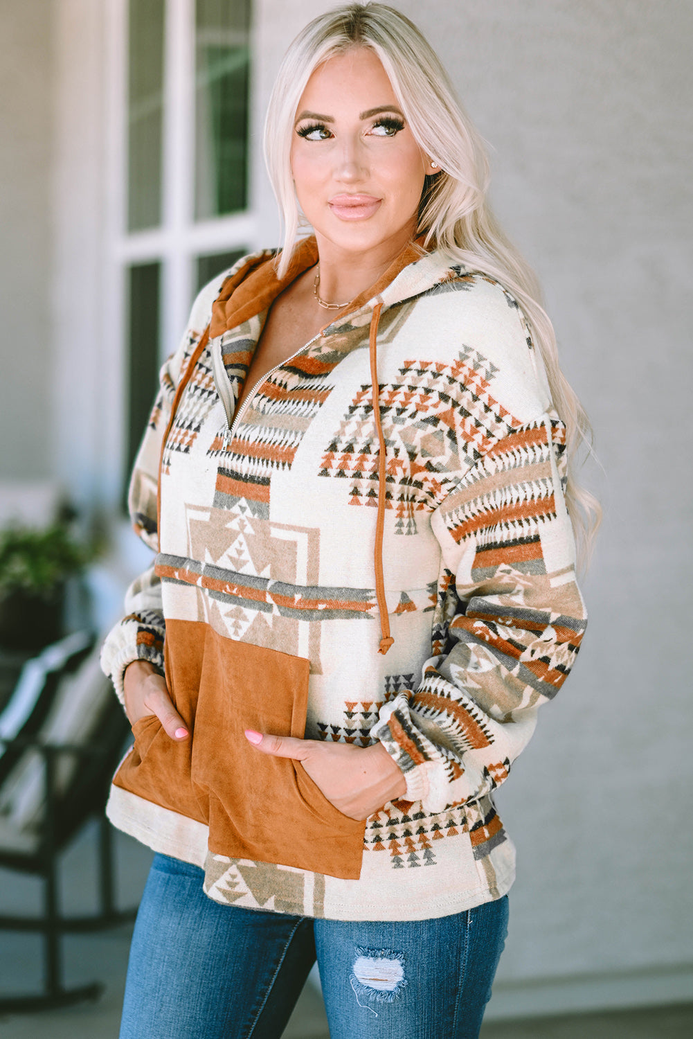Sweat à capuche demi-zip à imprimé aztèque et poche kangourou